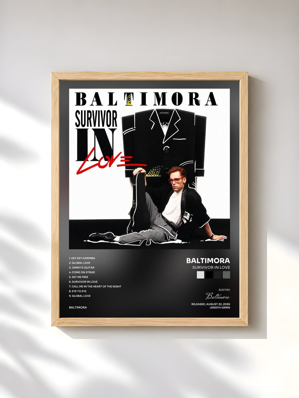 #bois Tableau de l'album Survivor In Love de Baltimora, cadre en bois brut, imprimé et encadré en France