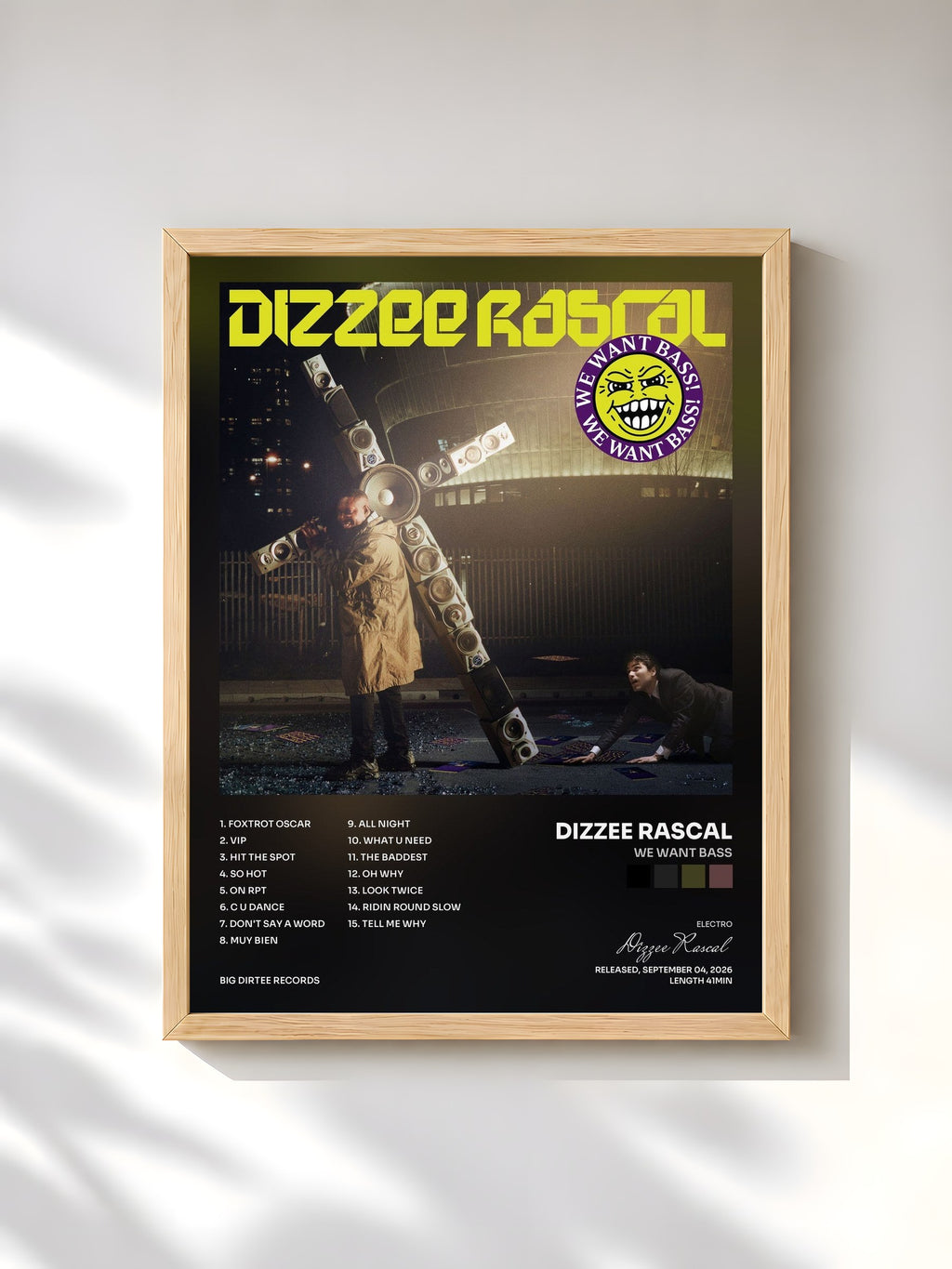 #bois Tableau de l'album We Want Bass de Dizzee Rascal, cadre en bois brut, imprimé et encadré en France