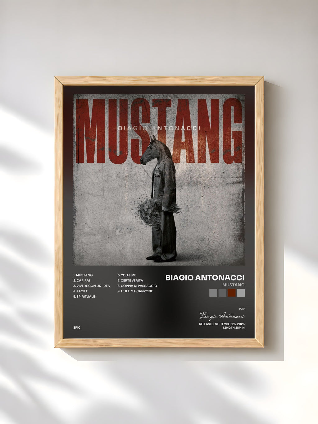 #bois Tableau de l'album MUSTANG de Biagio Antonacci, cadre en bois brut, imprimé et encadré en France