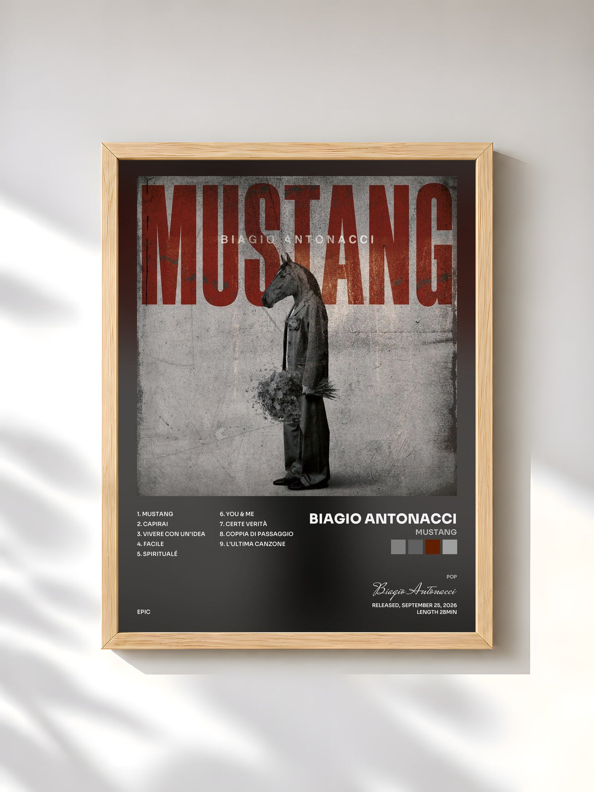 #bois Tableau de l'album MUSTANG de Biagio Antonacci, cadre en bois brut, imprimé et encadré en France