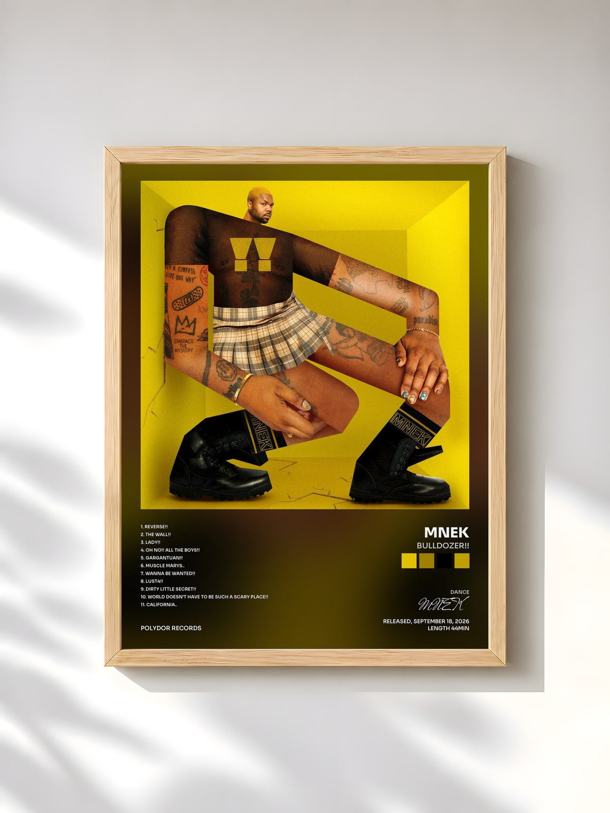 #bois Tableau de l'album BULLDOZER!! de MNEK, cadre en bois brut, imprimé et encadré en France