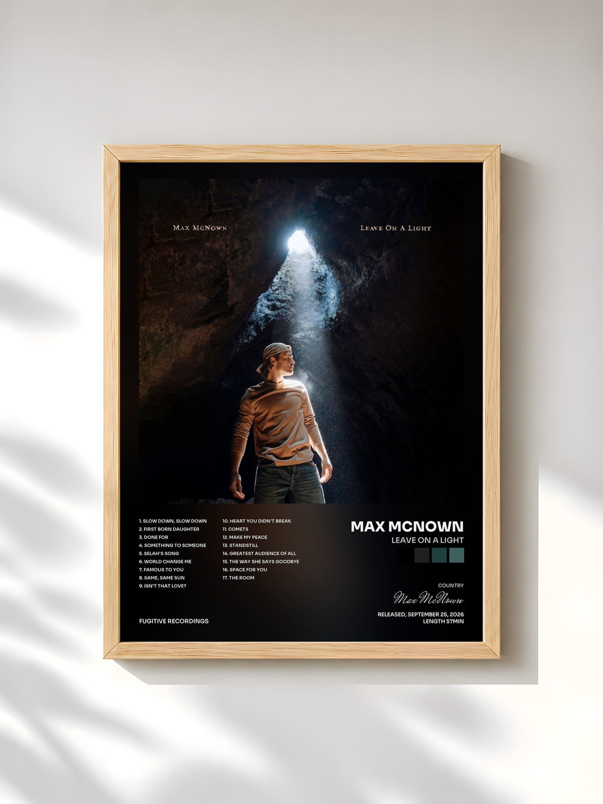 #bois Tableau de l'album Leave On A Light de Max McNown, cadre en bois brut, imprimé et encadré en France