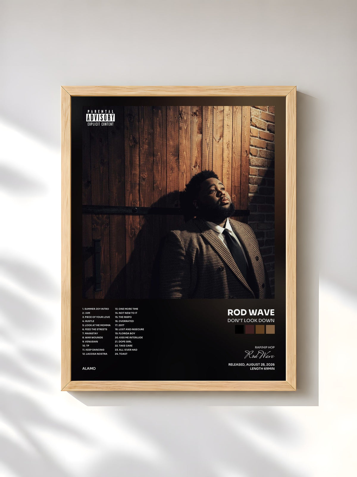 #bois Tableau de l'album Don't Look Down de Rod Wave, cadre en bois brut, imprimé et encadré en France
