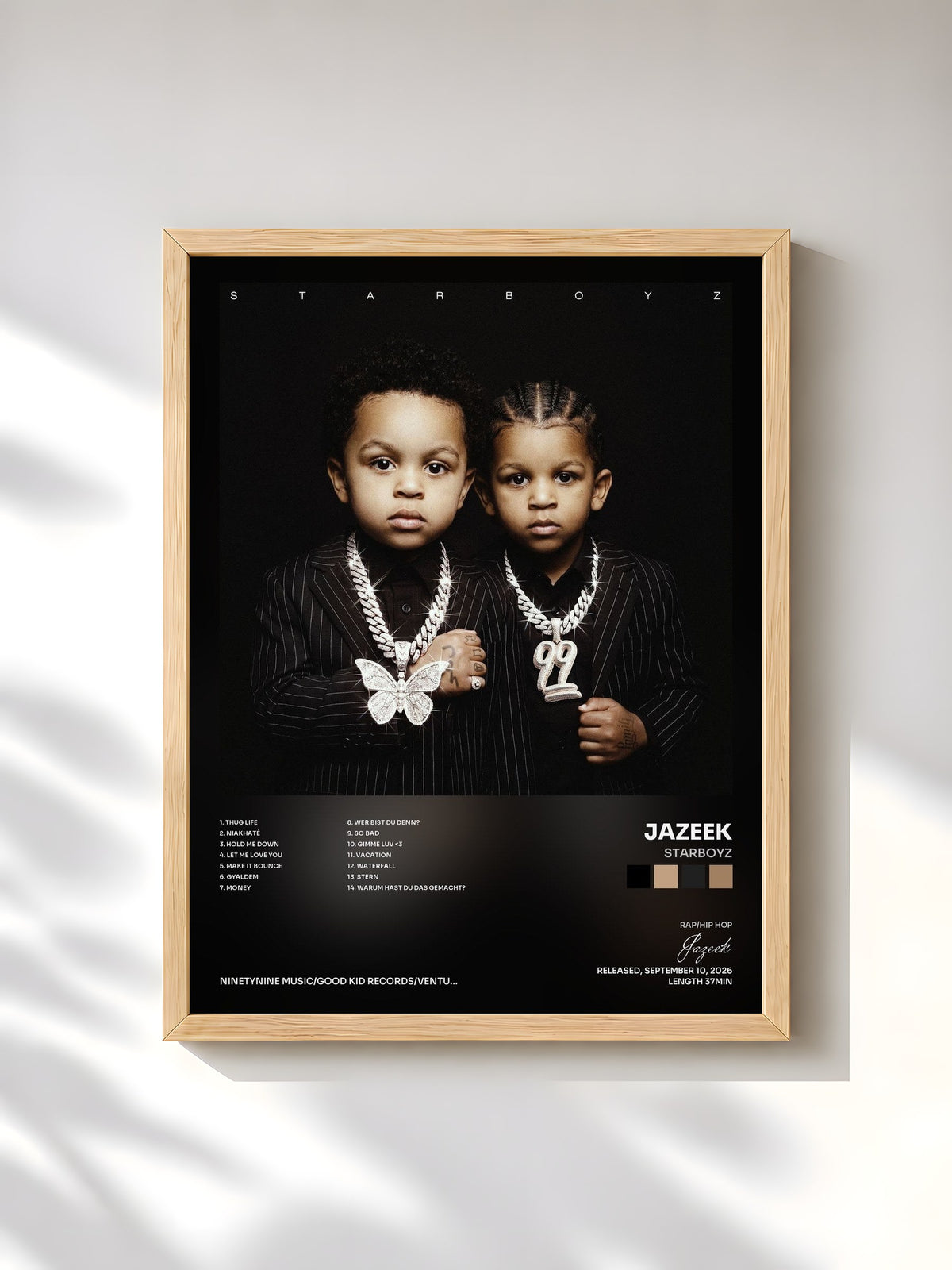 #bois Tableau de l'album STARBOYZ de Jazeek, cadre en bois brut, imprimé et encadré en France