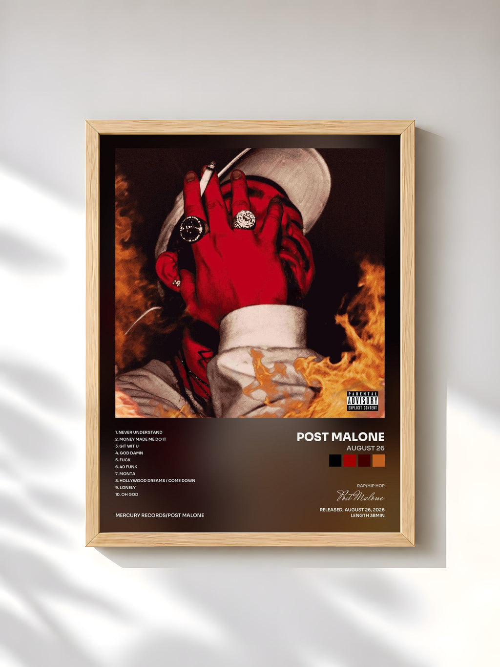 #bois Tableau de l'album August 26 de Post Malone, cadre en bois brut, imprimé et encadré en France