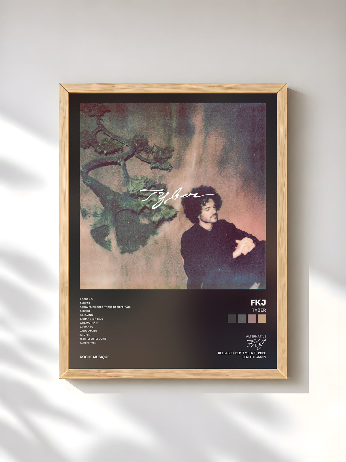 #bois Tableau de l'album Tyber de FKJ, cadre en bois brut, imprimé et encadré en France