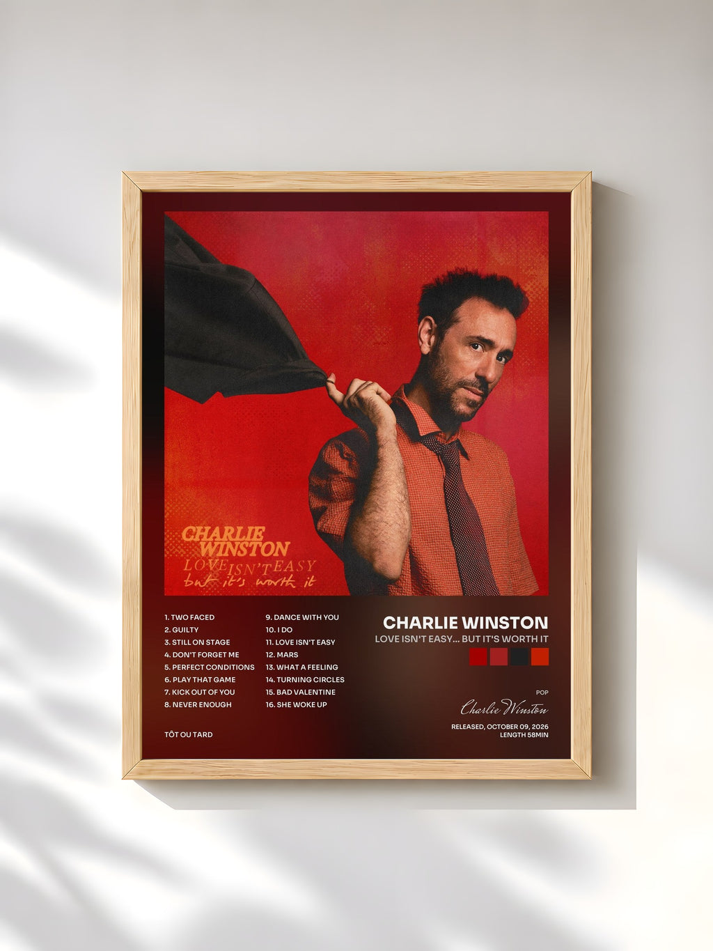 #bois Tableau de l'album Love Isn't Easy... But It's Worth It de Charlie Winston, cadre en bois brut, imprimé et encadré en France