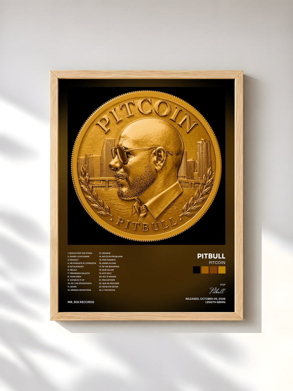 #bois Tableau de l'album PITCOIN de Pitbull, cadre en bois brut, imprimé et encadré en France