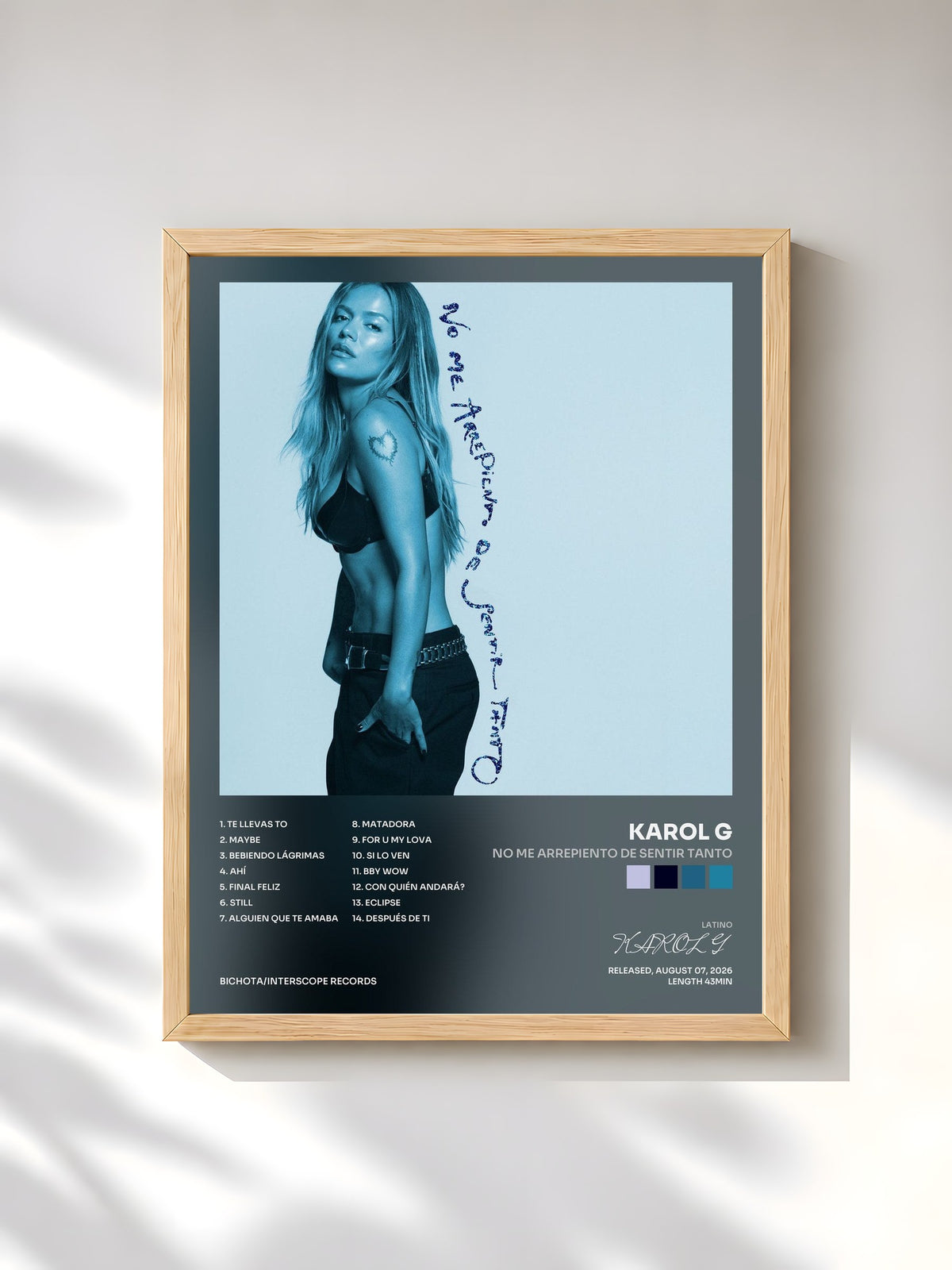 #bois Tableau de l'album NO ME ARREPIENTO DE SENTIR TANTO de KAROL G, cadre en bois brut, imprimé et encadré en France