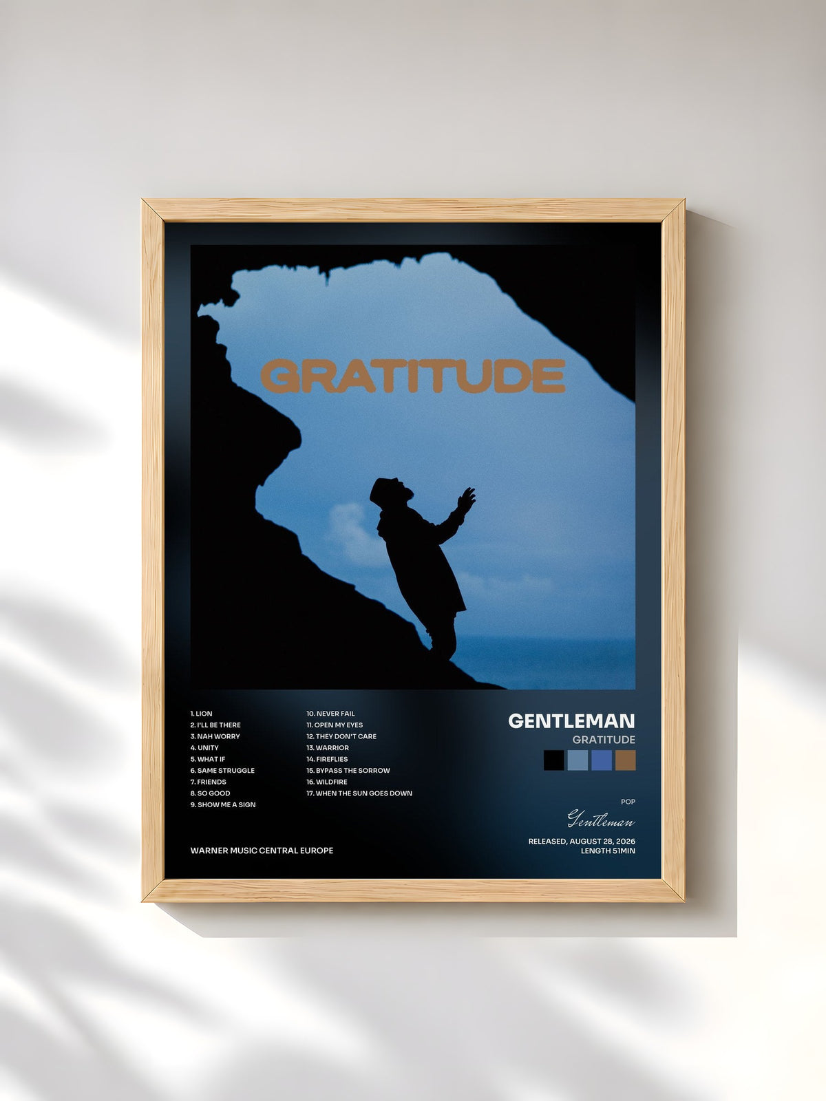 #bois Tableau de l'album Gratitude de Gentleman, cadre en bois brut, imprimé et encadré en France