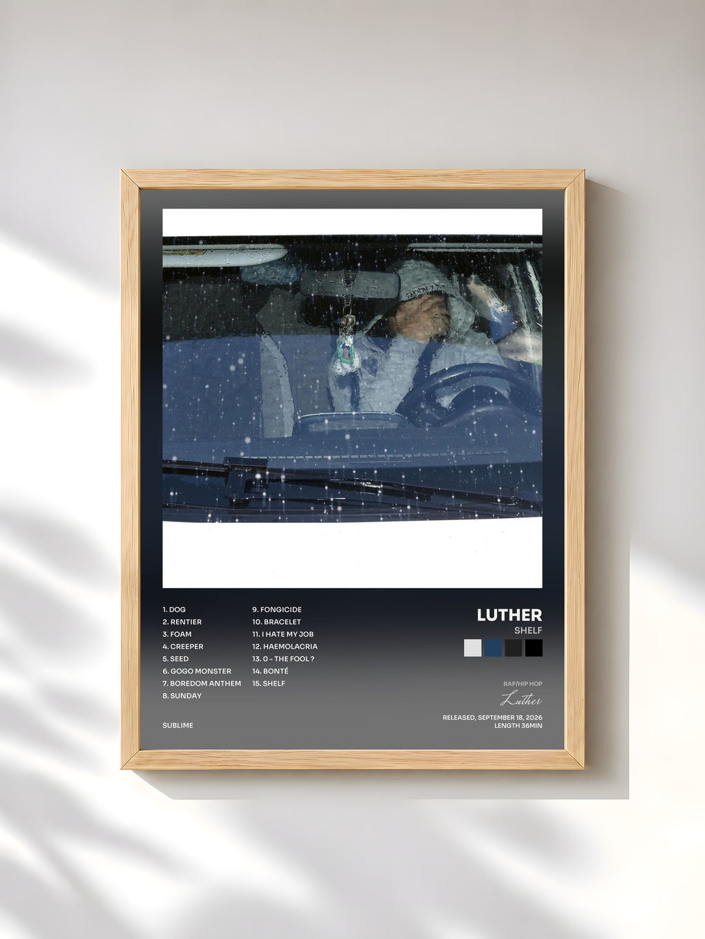 #bois Tableau de l'album shelf de Luther, cadre en bois brut, imprimé et encadré en France