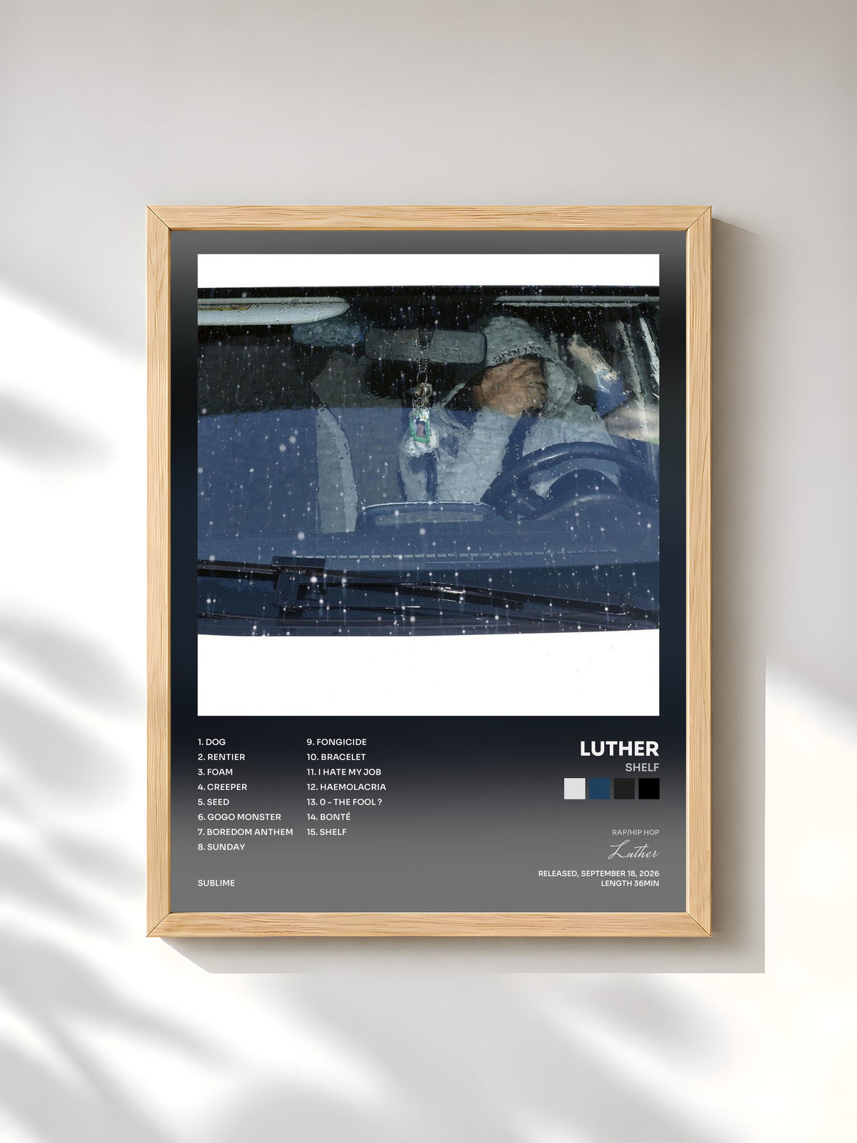 #bois Tableau de l'album shelf de Luther, cadre en bois brut, imprimé et encadré en France