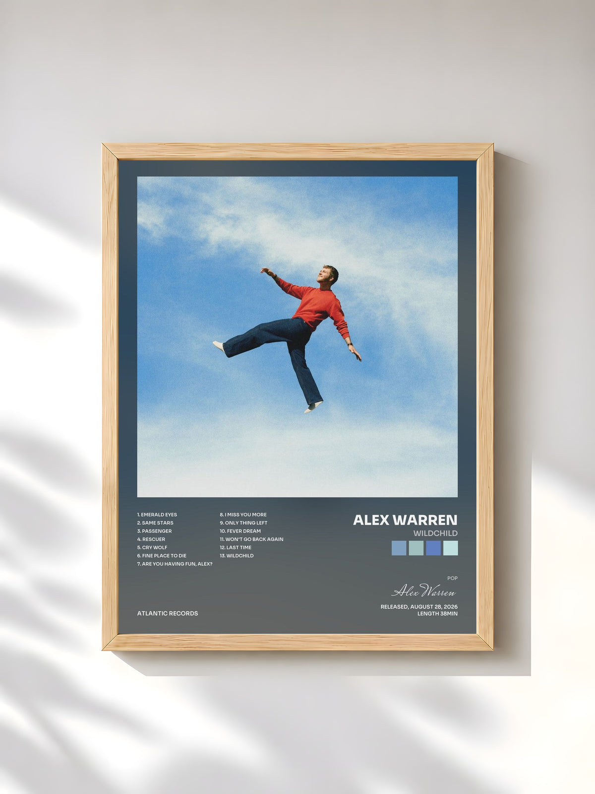 #bois Tableau de l'album WILDCHILD de Alex Warren, cadre en bois brut, imprimé et encadré en France