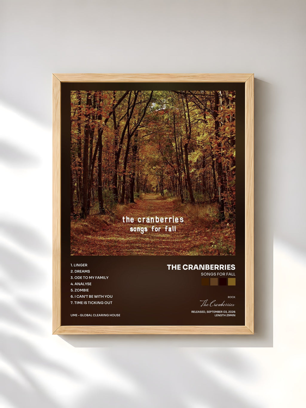 #bois Tableau de l'album Songs For Fall de The Cranberries, cadre en bois brut, imprimé et encadré en France