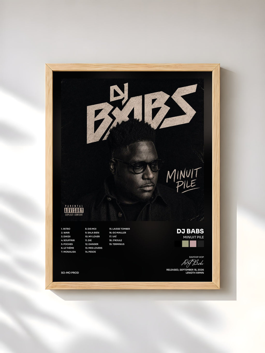 #bois Tableau de l'album MINUIT PILE de DJ Babs, cadre en bois brut, imprimé et encadré en France