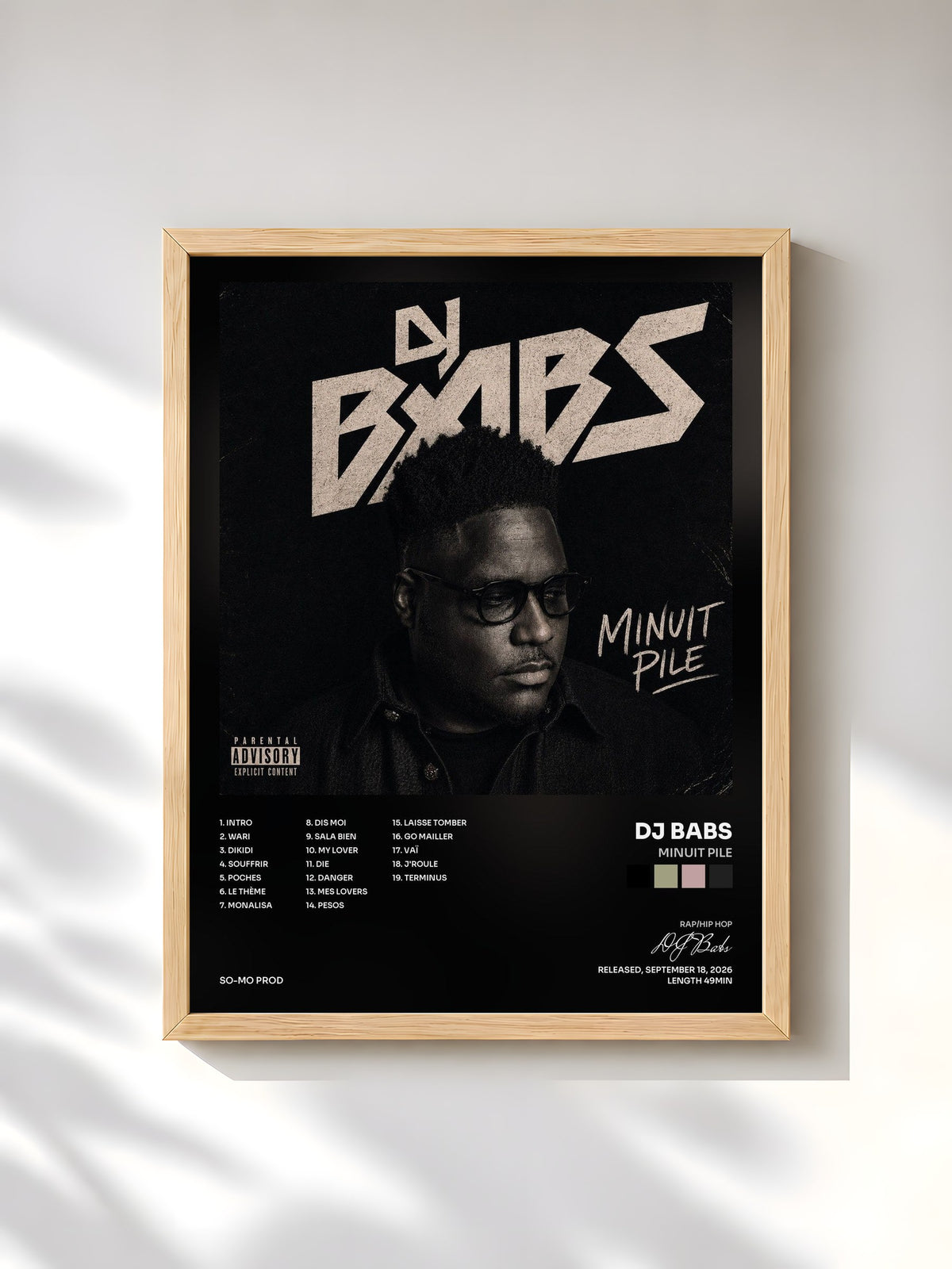#bois Tableau de l'album MINUIT PILE de DJ Babs, cadre en bois brut, imprimé et encadré en France