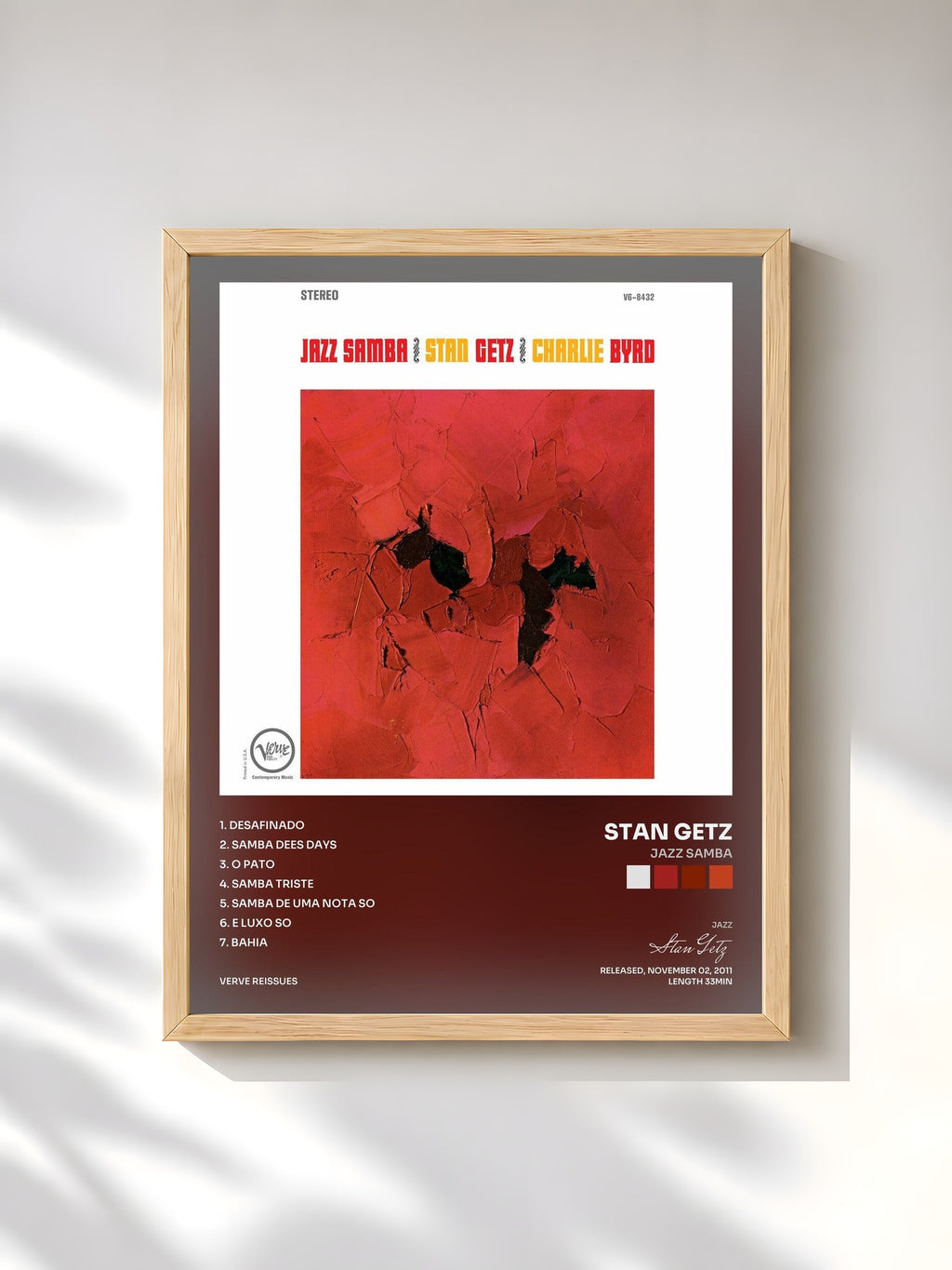 #bois Tableau de l'album Jazz Samba de Stan Getz, cadre en bois brut, imprimé et encadré en France