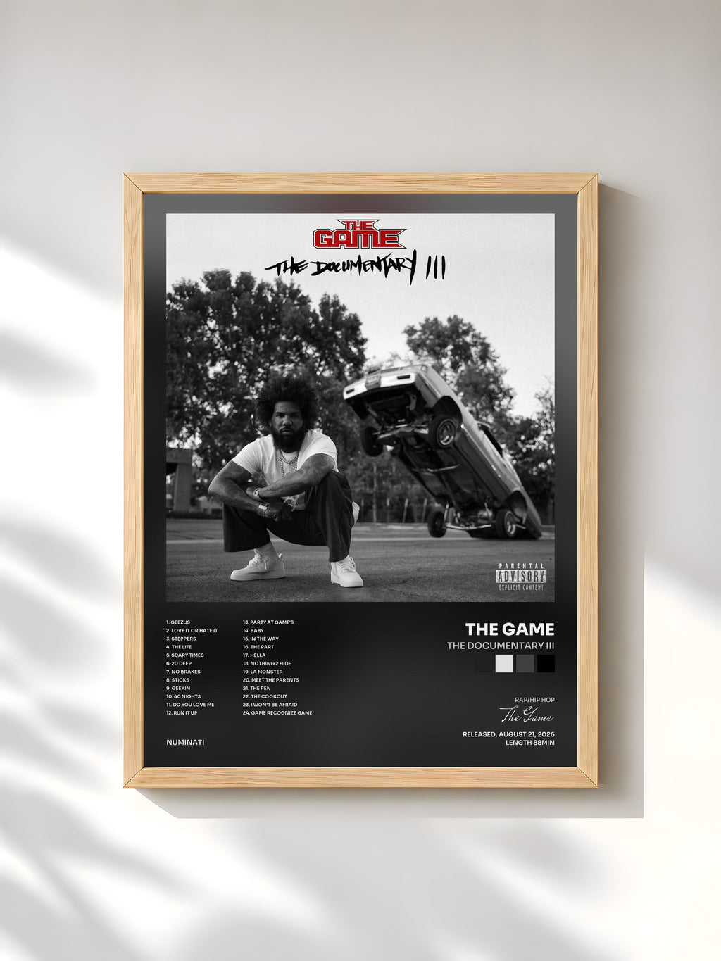 #bois Tableau de l'album The Documentary III de The Game, cadre en bois brut, imprimé et encadré en France