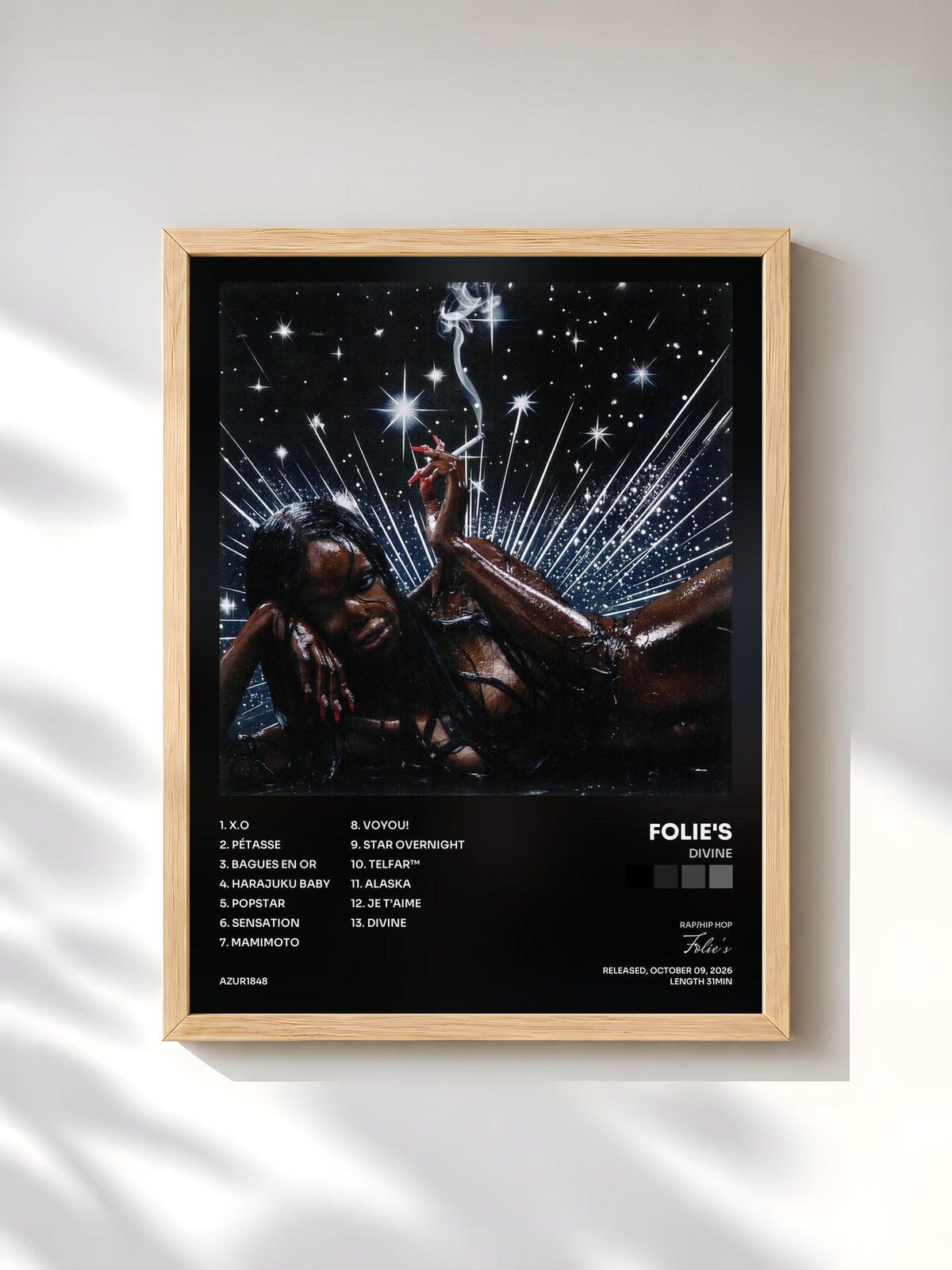 #bois Tableau de l'album Divine de Folie's, cadre en bois brut, imprimé et encadré en France