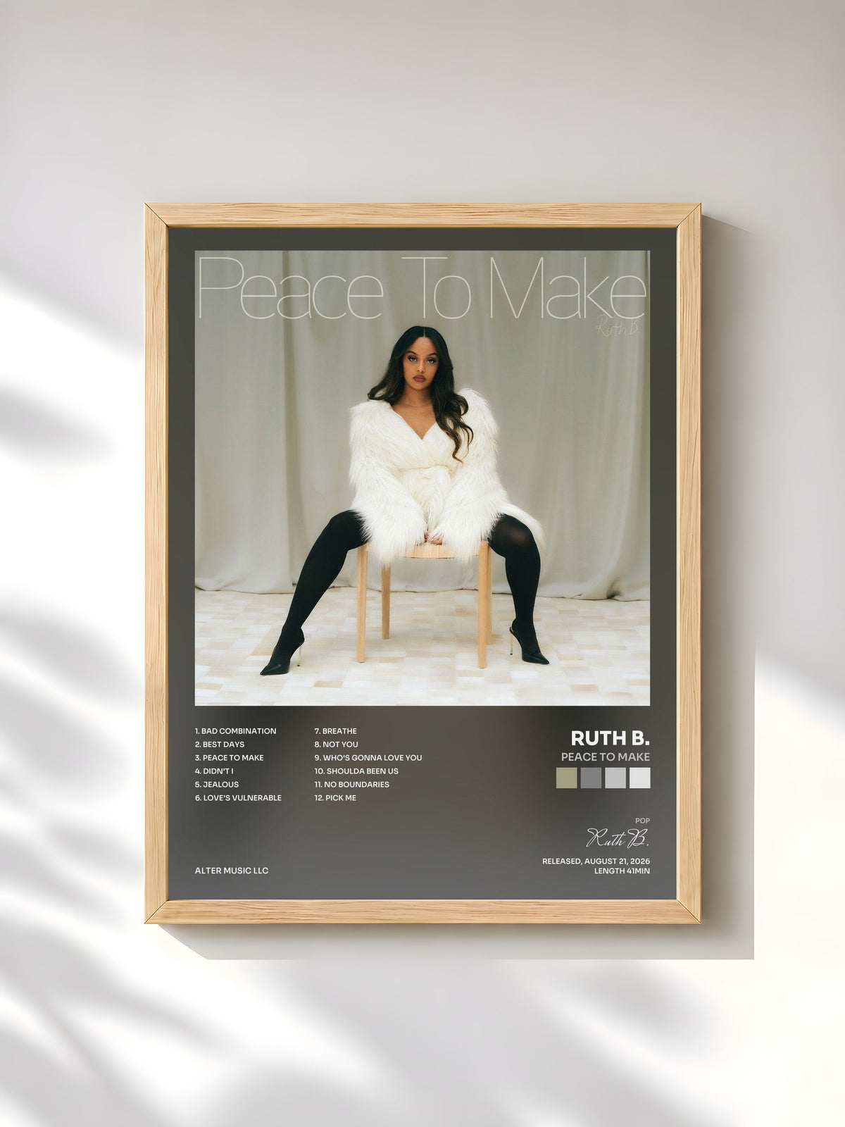 #bois Tableau de l'album Peace To Make de Ruth B., cadre en bois brut, imprimé et encadré en France