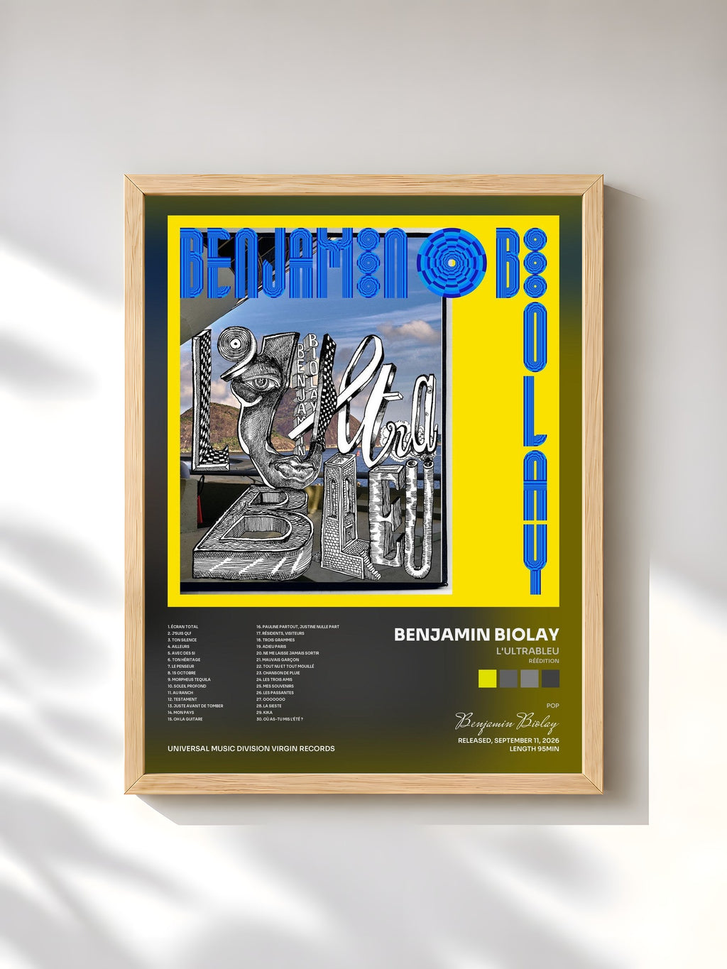 #bois Tableau de l'album L'Ultrableu (Réédition) de Benjamin Biolay, cadre en bois brut, imprimé et encadré en France