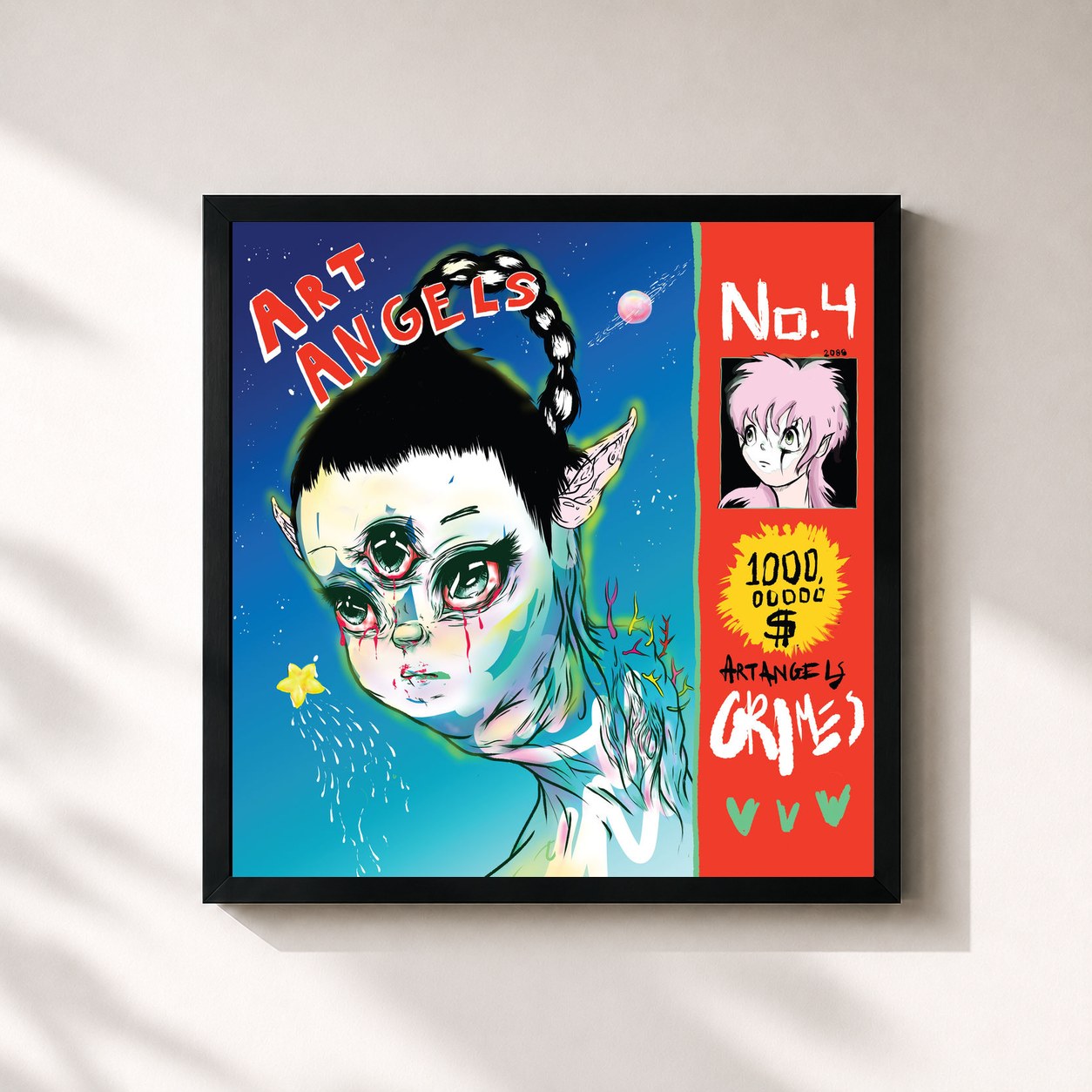 #noir Tableau carré de l'album Art Angels de Grimes, cadre noir 32x32 cm