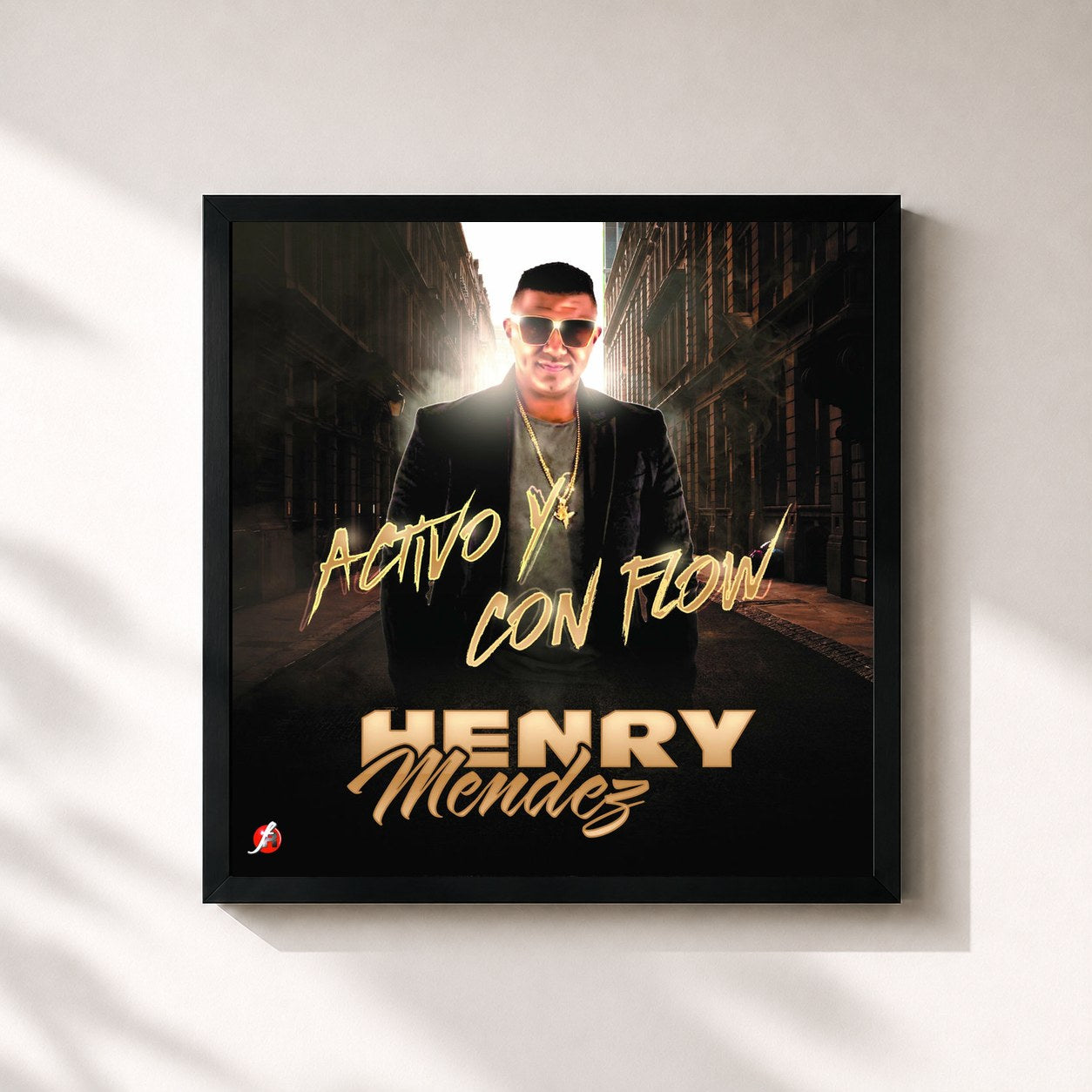 #noir Tableau carré de l'album Activo y Con Flow de Henry Mendez, cadre noir 32x32 cm