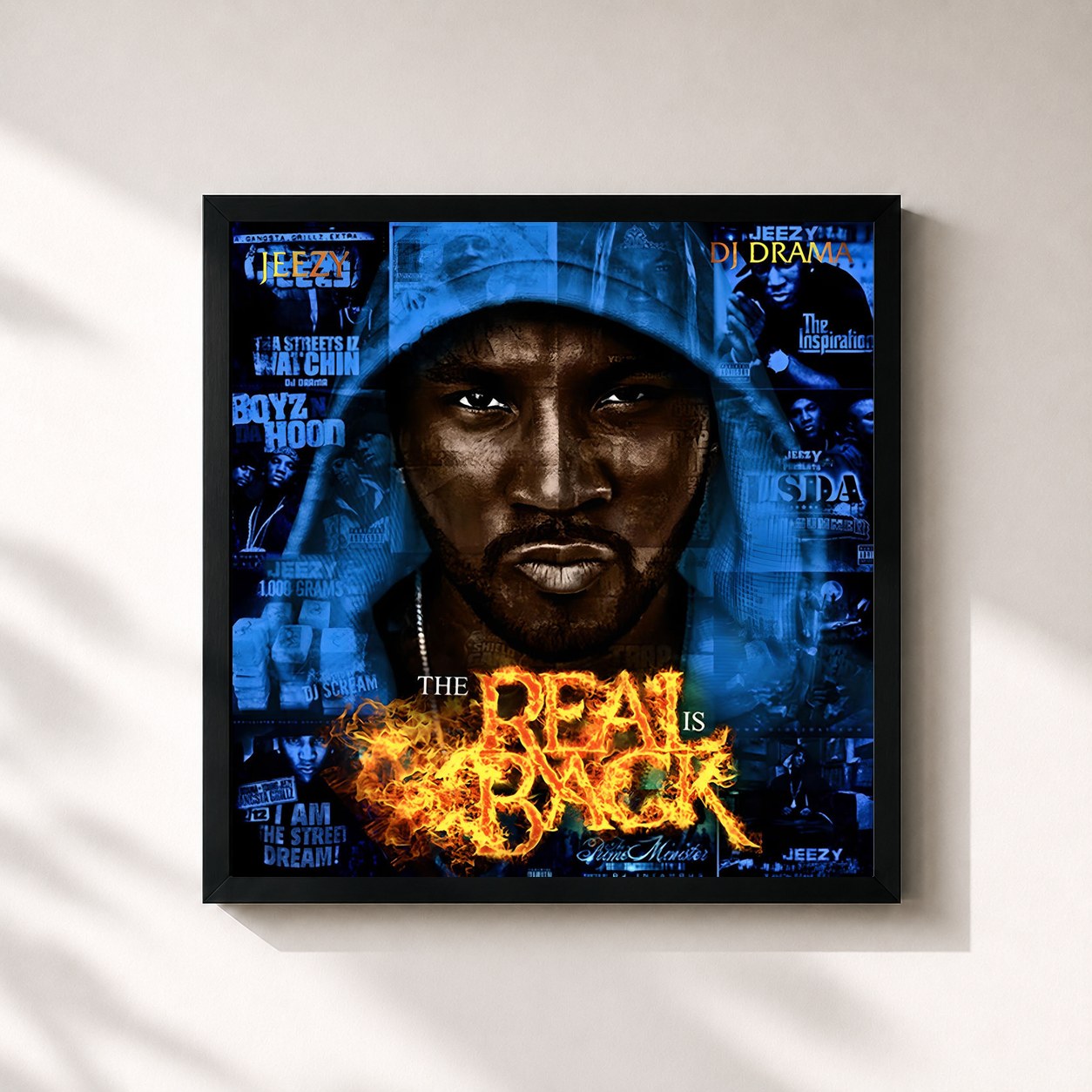 #noir Tableau carré de l'album The Real Is Back de Jeezy, cadre noir 32x32 cm