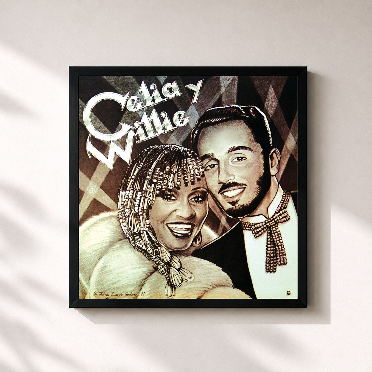 #noir Tableau carré de l'album Celia y Willie de Willie Colón, cadre noir 32x32 cm