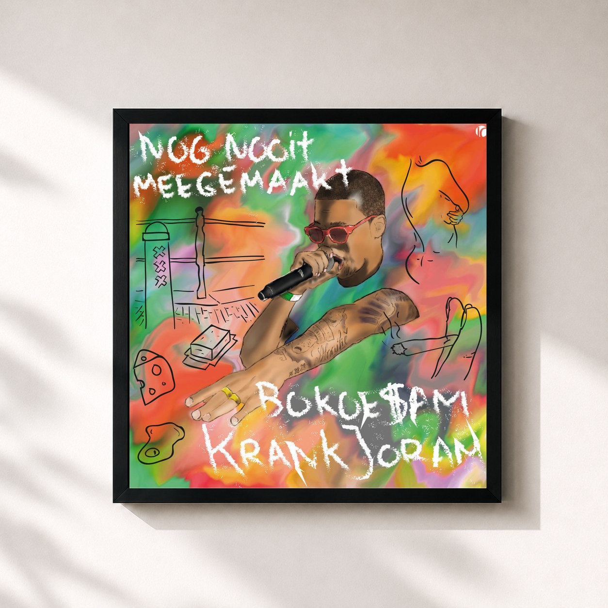 #noir Tableau carré de l'album Nog Nooit Meegemaakt de Bokoesam, cadre noir 32x32 cm