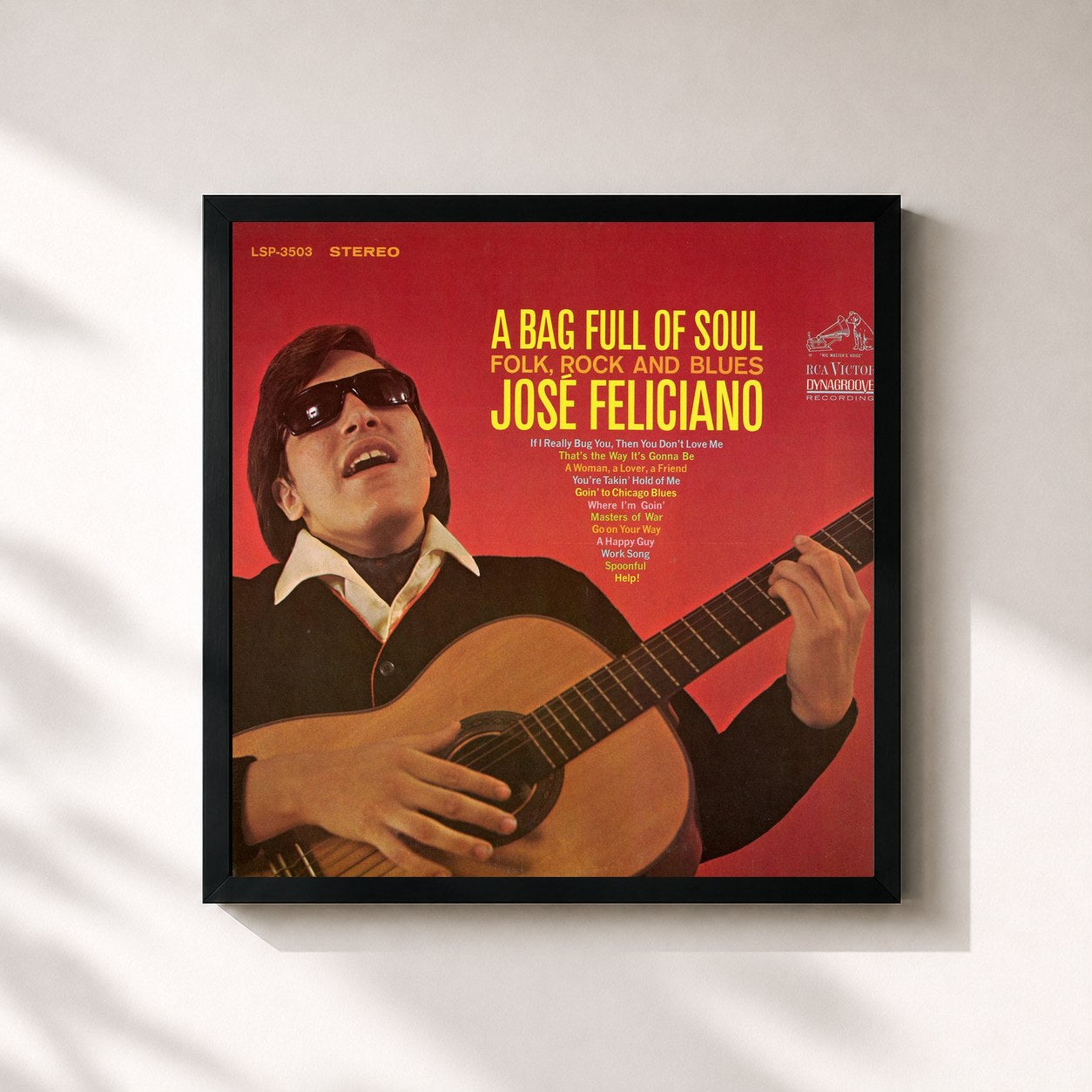 #noir Tableau carré de l'album A Bag Full of Soul, Folk, Rock and Blues de José Feliciano, cadre noir 32x32 cm