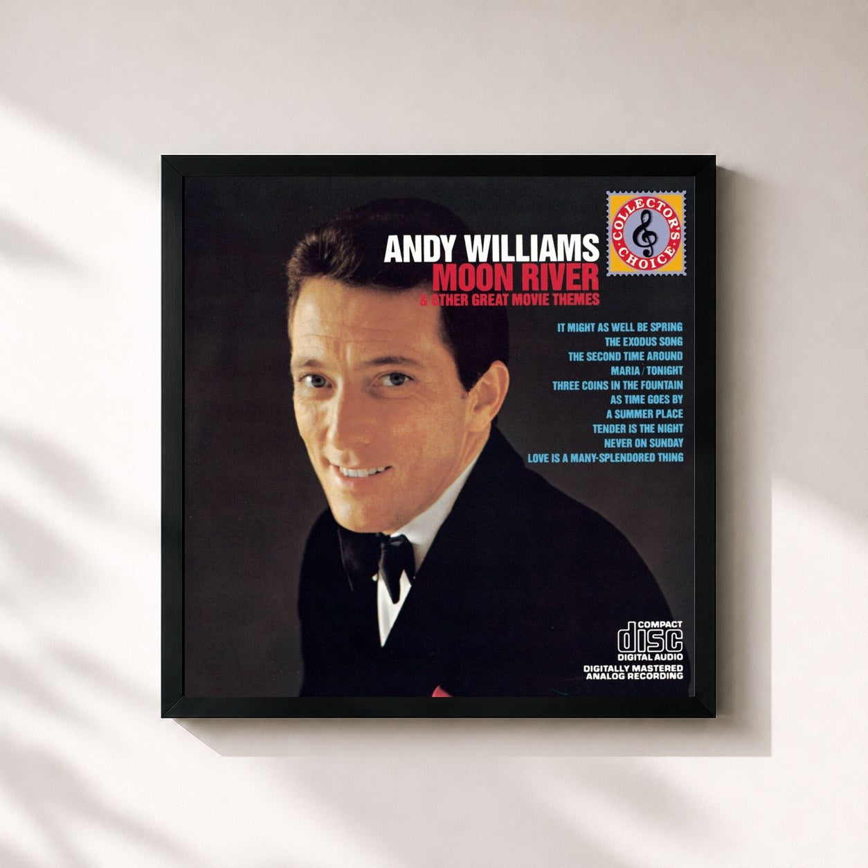 #noir Tableau carré de l'album Moon River And Other Great Movie Themes de Andy Williams, cadre noir 32x32 cm