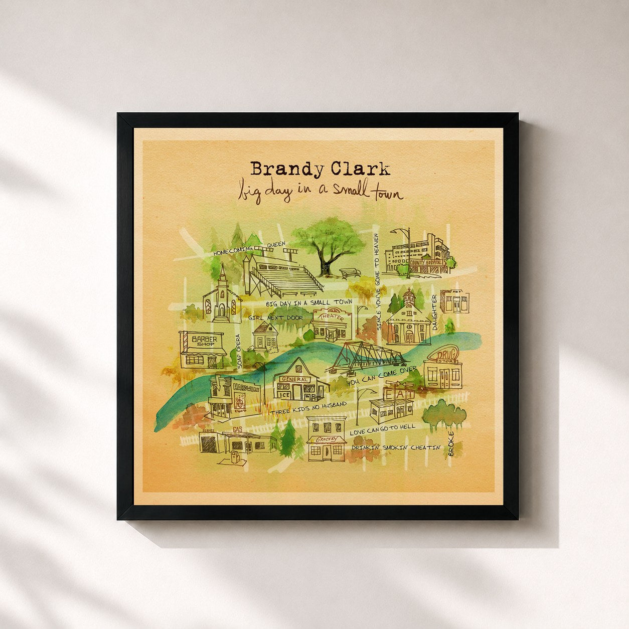 #noir Tableau carré de l'album Big Day in a Small Town de Brandy Clark, cadre noir 32x32 cm