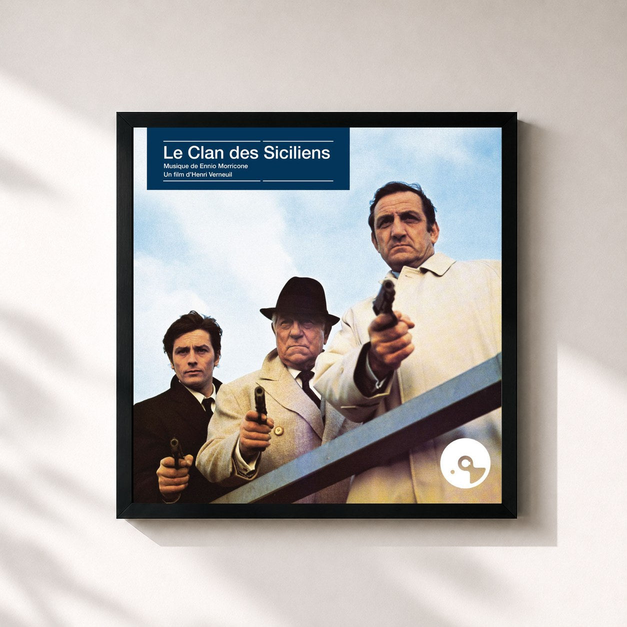 #noir Tableau carré de l'album Le clan des Siciliens (Original Motion Picture Soundtrack) de Ennio Morricone, cadre noir 32x32 cm