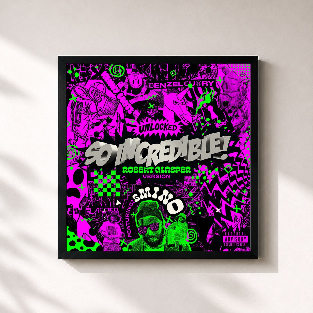 #noir Tableau carré de l'album So.Incredible.pkg (Robert Glasper Version) de Denzel Curry, cadre noir 32x32 cm