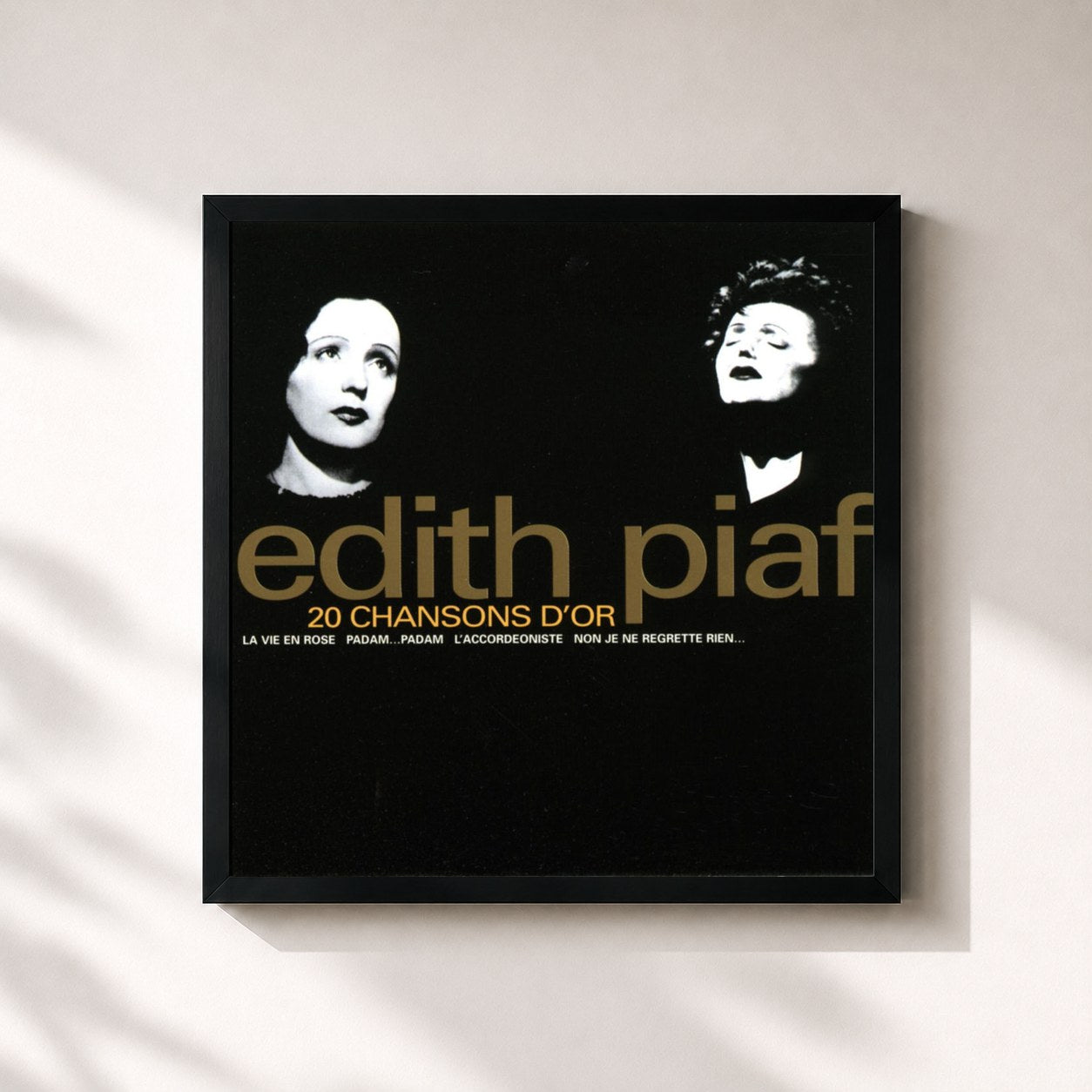 #noir Tableau carré de l'album 20 chansons d'or de Edith Piaf, cadre noir 32x32 cm
