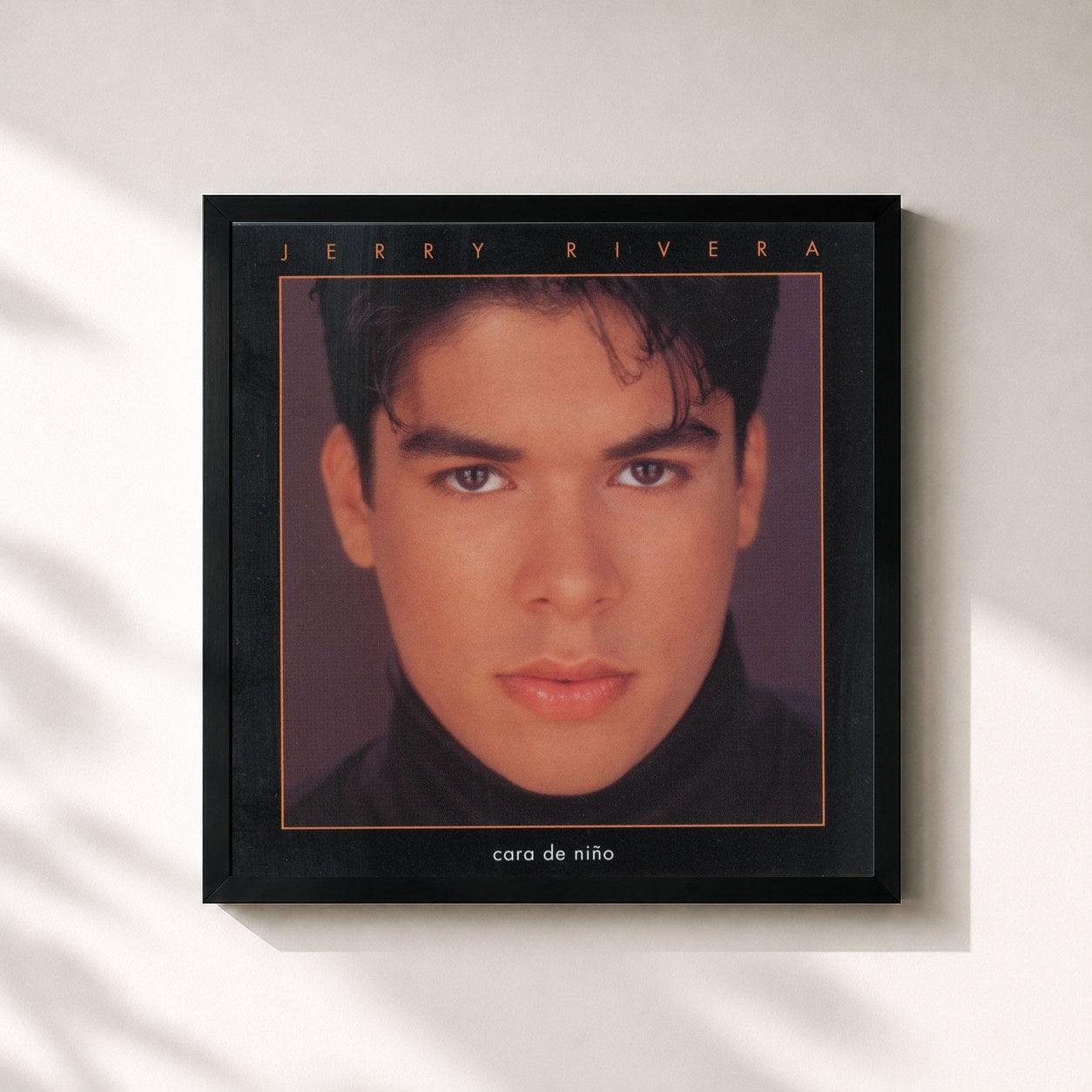 #noir Tableau carré de l'album Cara De Niño de Jerry Rivera, cadre noir 32x32 cm