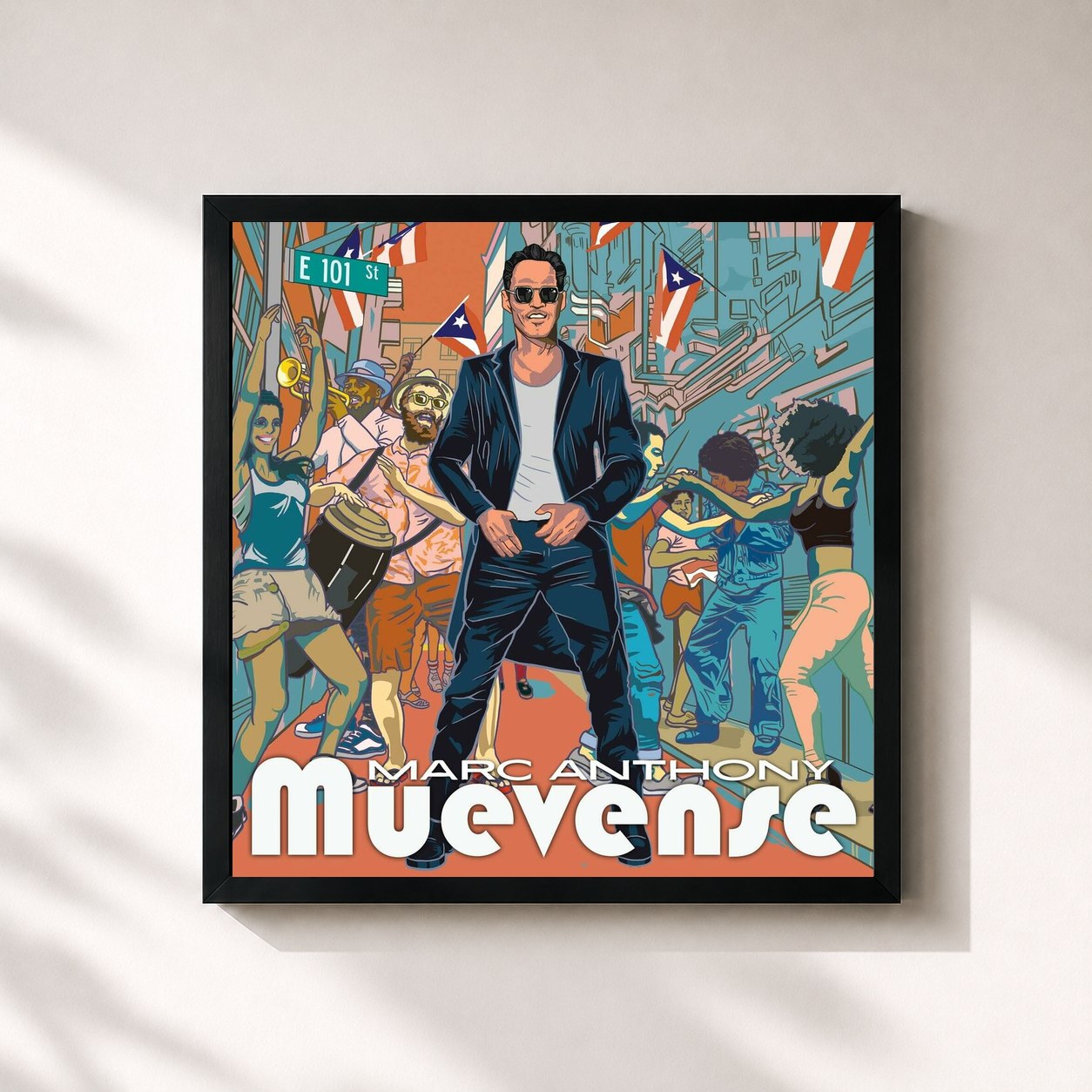 #noir Tableau carré de l'album MUEVENSE de Marc Anthony, cadre noir 32x32 cm