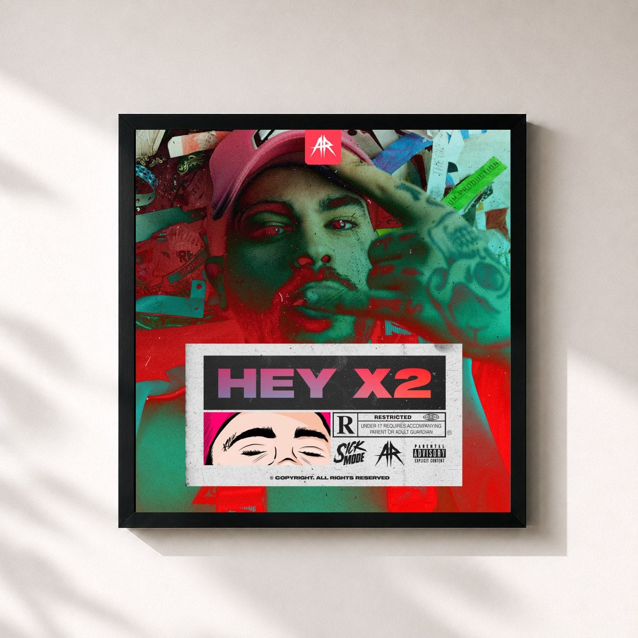 #noir Tableau carré de l'album HEY X2 de Sickmode, cadre noir 32x32 cm