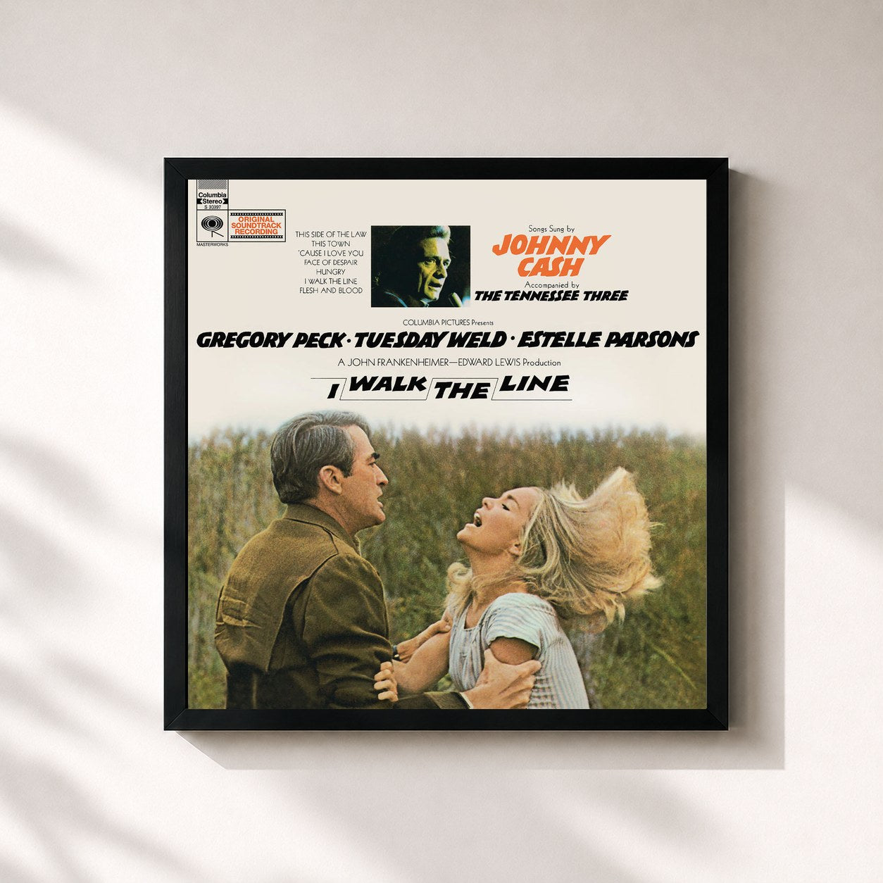 #noir Tableau carré de l'album I Walk the Line (Original Soundtrack Recording) de Johnny Cash, cadre noir 32x32 cm