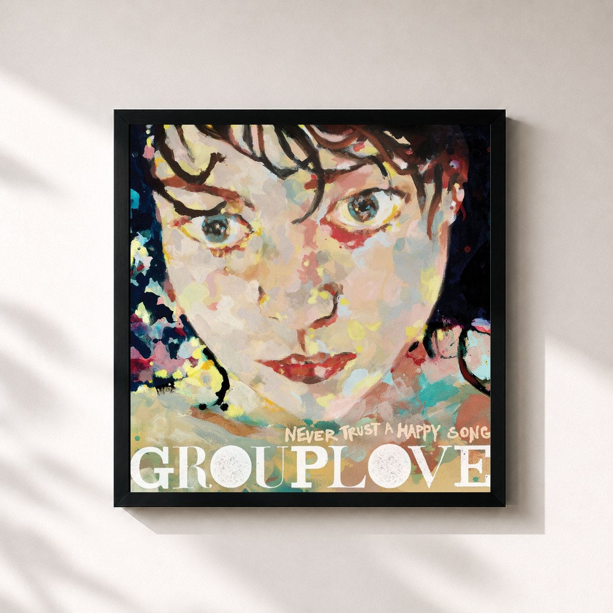 #noir Tableau carré de l'album Never Trust a Happy Song de Grouplove, cadre noir 32x32 cm