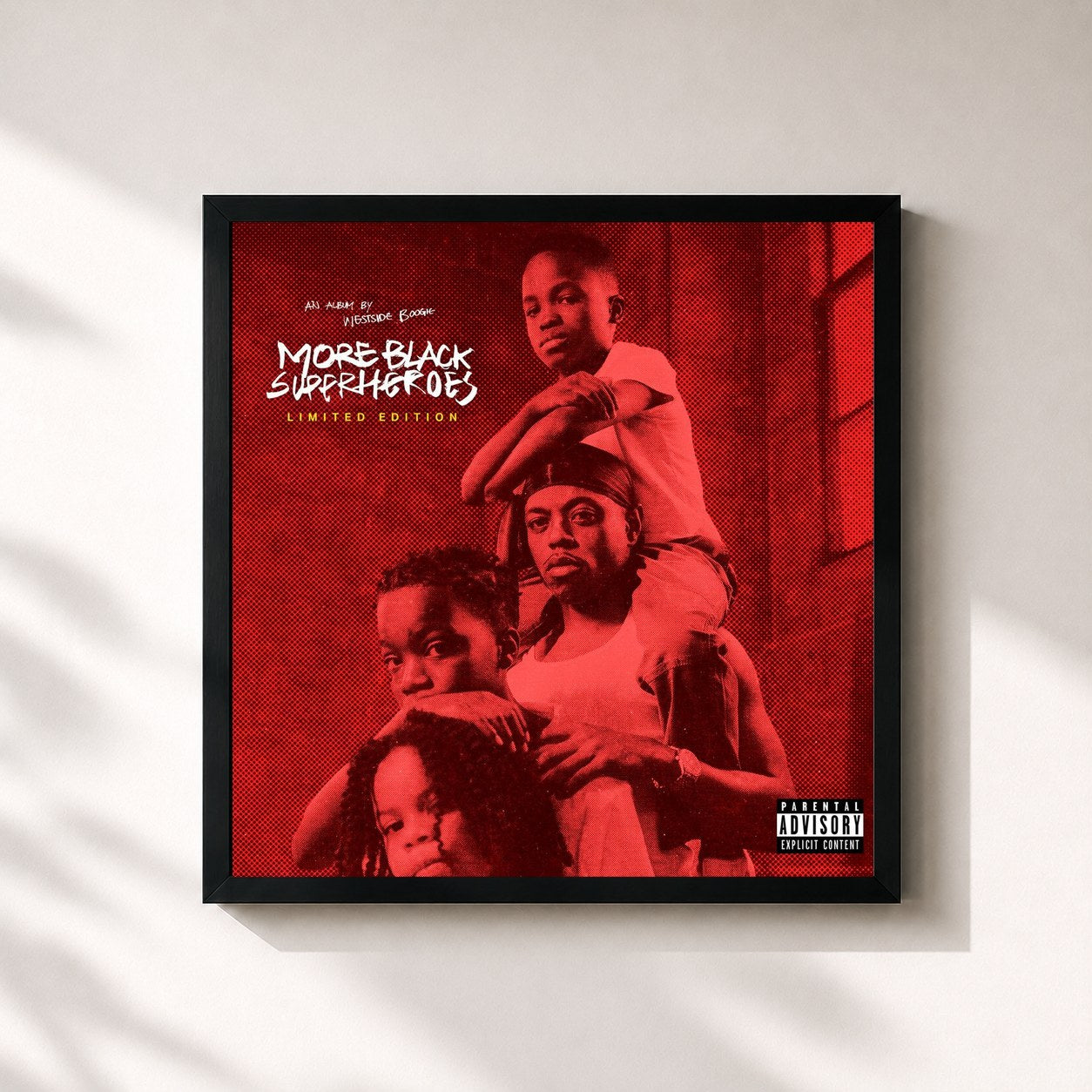 #noir Tableau carré de l'album MORE BLACK SUPERHEROES (LIMITED EDITION) de WESTSIDE BOOGIE, cadre noir 32x32 cm