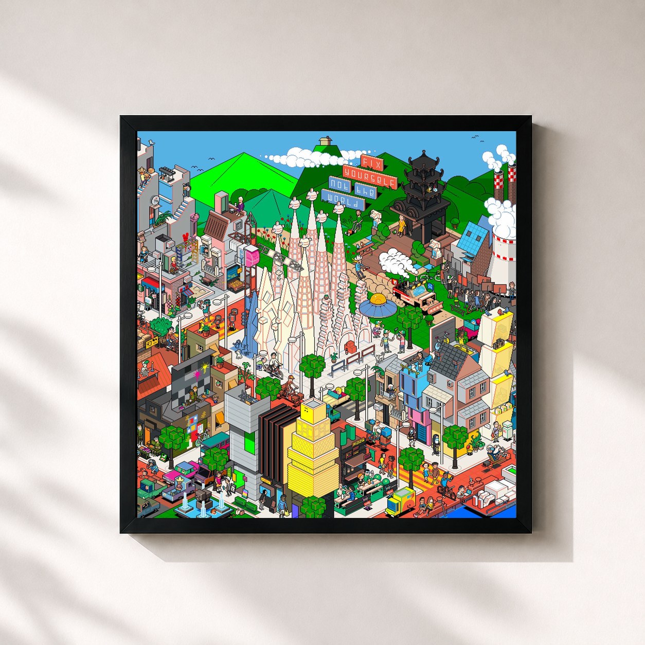 #noir Tableau carré de l'album Fix Yourself, Not the World de The Wombats, cadre noir 32x32 cm