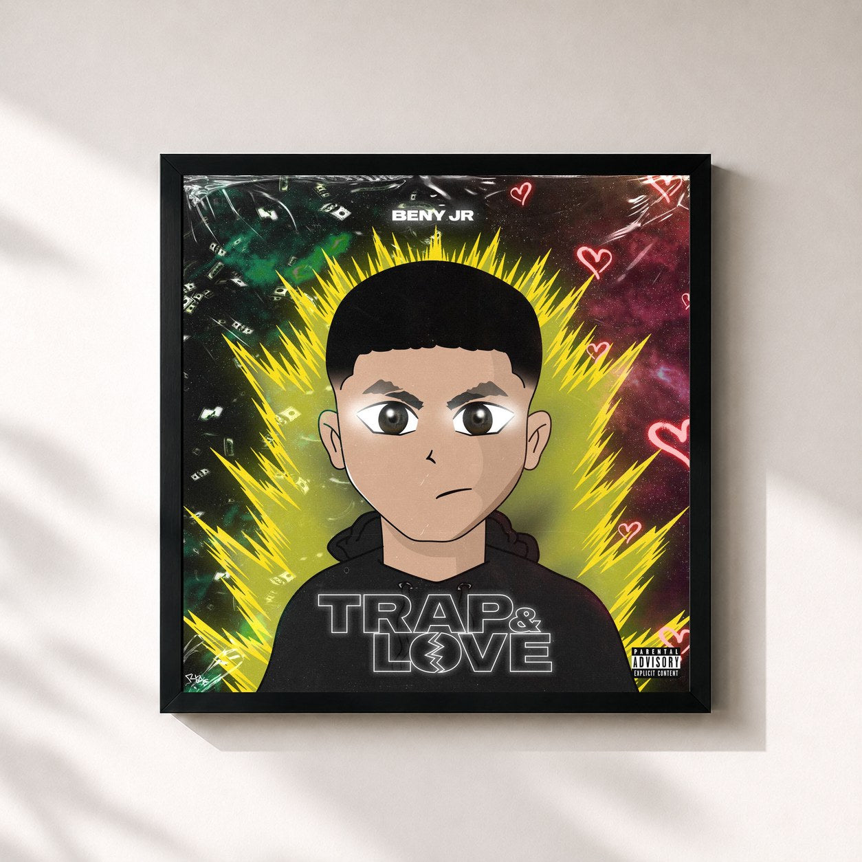 #noir Tableau carré de l'album Trap and Love de Beny Jr, cadre noir 32x32 cm