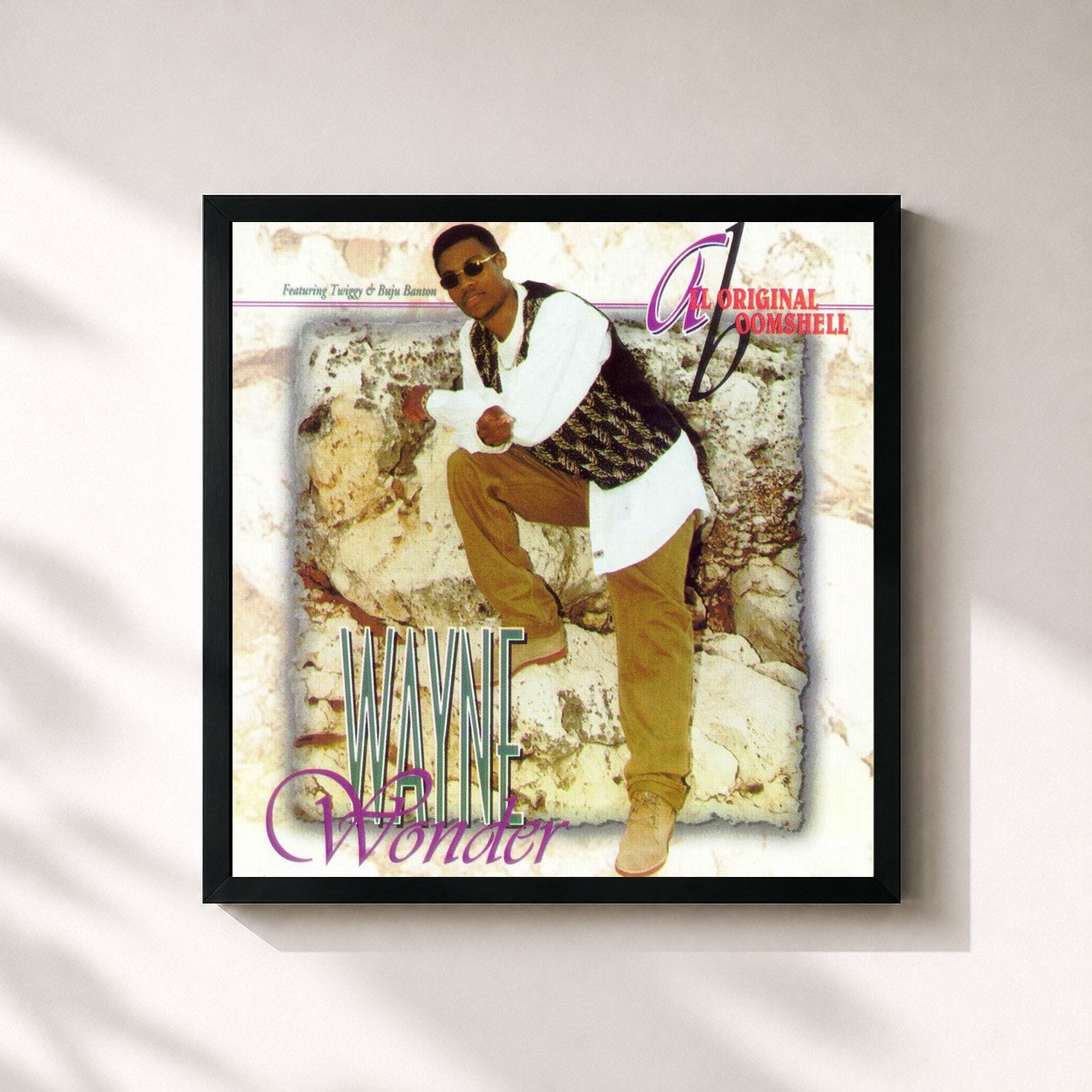 #noir Tableau carré de l'album All Original Boomshell de Wayne Wonder, cadre noir 32x32 cm