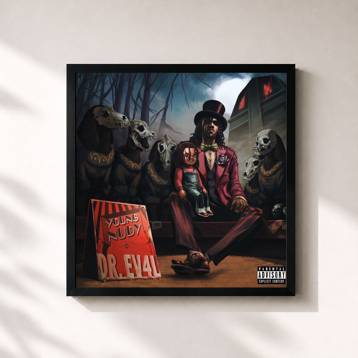 #noir Tableau carré de l'album DR. EV4L de Young Nudy, cadre noir 32x32 cm