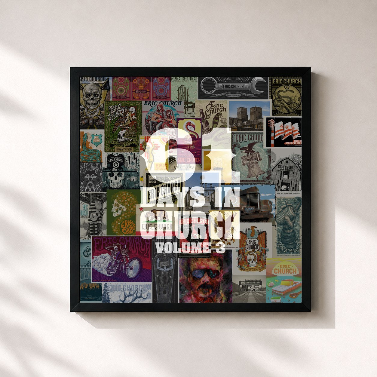 #noir Tableau carré de l'album 61 Days In Church Volume 3 de Eric Church, cadre noir 32x32 cm