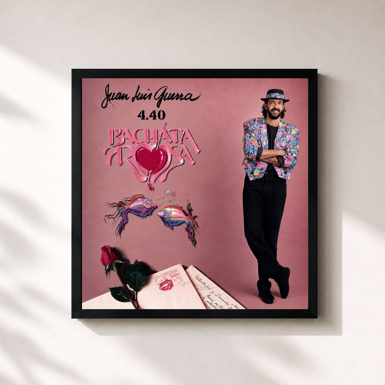 #noir Tableau carré de l'album Bachata Rosa de Juan Luis Guerra, cadre noir 32x32 cm
