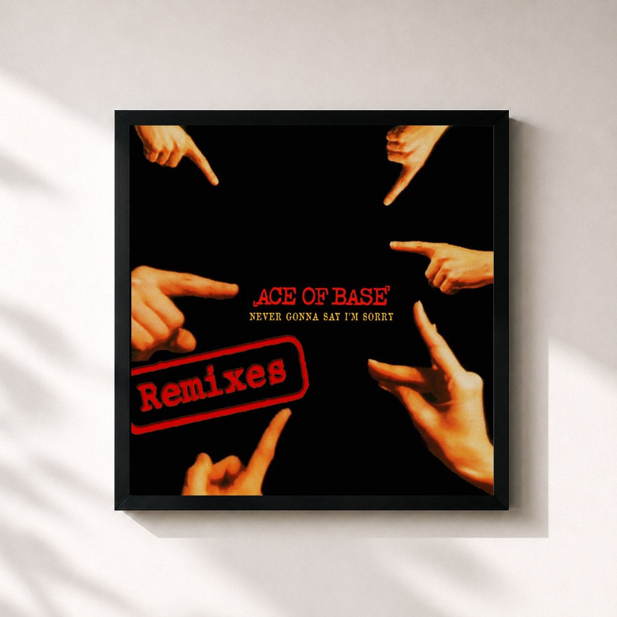 #noir Tableau carré de l'album Never Gonna Say I'm Sorry (The Remixes) de Ace of Base, cadre noir 32x32 cm