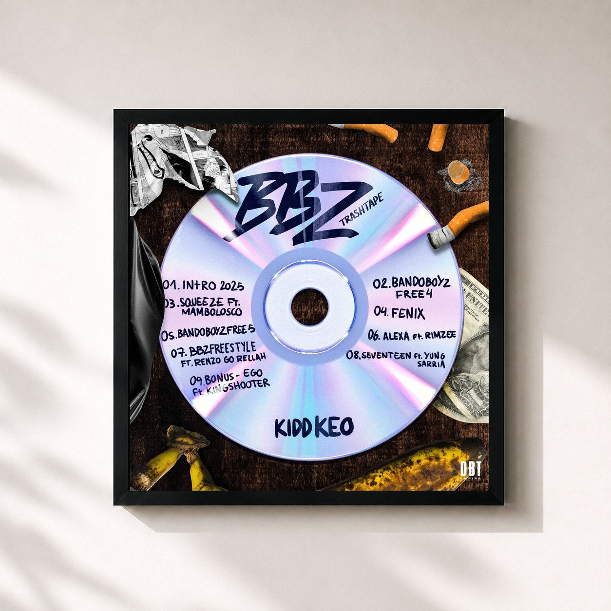 #noir Tableau carré de l'album BBZ TRASHTAPE de Kidd Keo, cadre noir 32x32 cm
